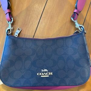 Coach Jess baguette signature c coated canvas with pink bottom and strap